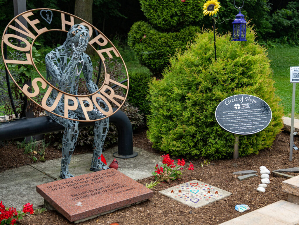 The Love, Hope, Support sculpture in the Circle of Hope memorial garden